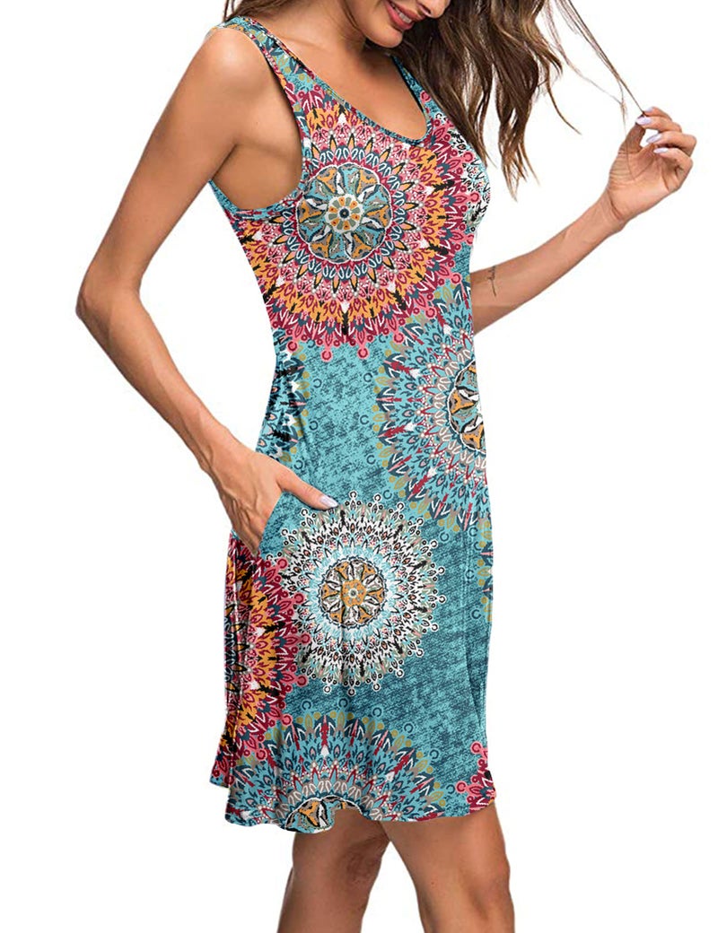 MISFAY Women's Summer Casual T Shirt Dresses Beach Cover up Tank Dress (Print Green,XL) - Image 2